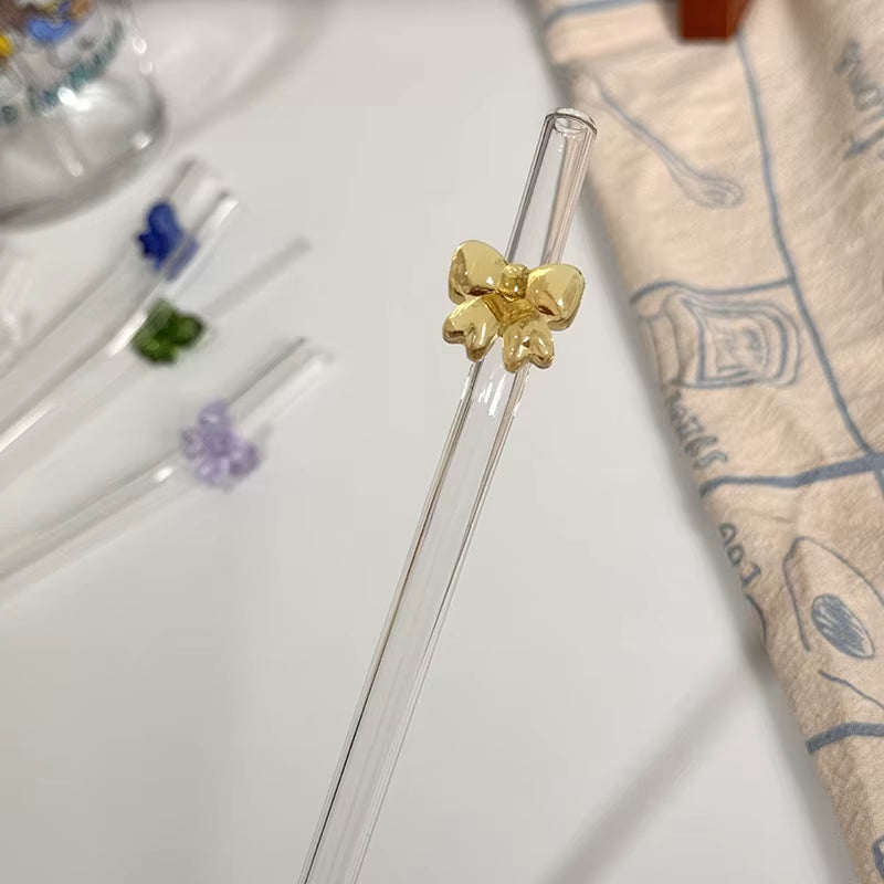 19Cm Cute Bowtie Glass Heat-Resistant Straw Reusable Cocktail Juice Drinking Straw for Festival Wedding Party