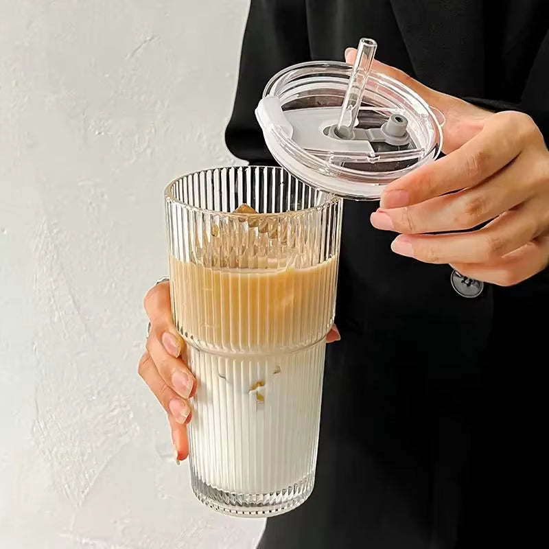 600ML Stripe Glass Coffee Cup with Lid and Straw Transparent Drinking Glasses for Juice Milk Tea Cups Iced Coffee Mugs Drinkware